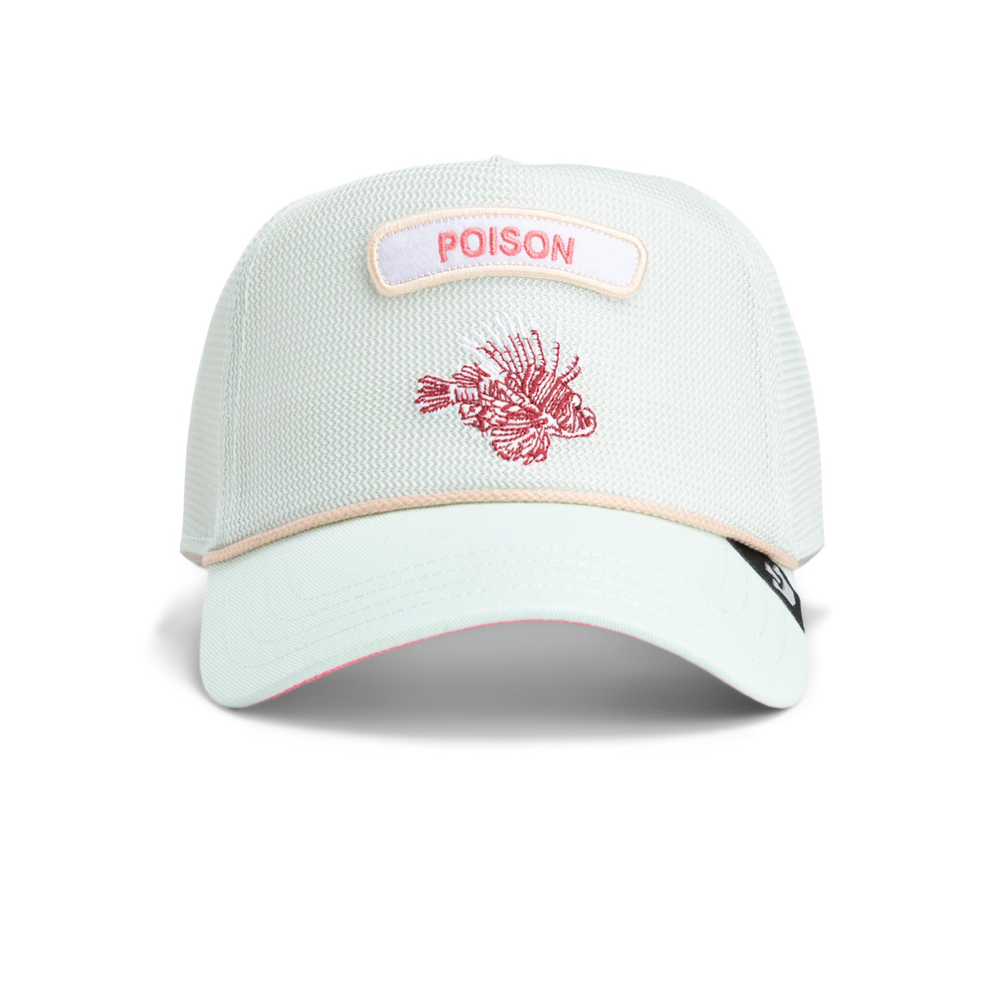 The Goorin Bros. Pick Yours cap in Seagrass features a light mesh back, a red embroidered lionfish, and a POISON patch on the front.