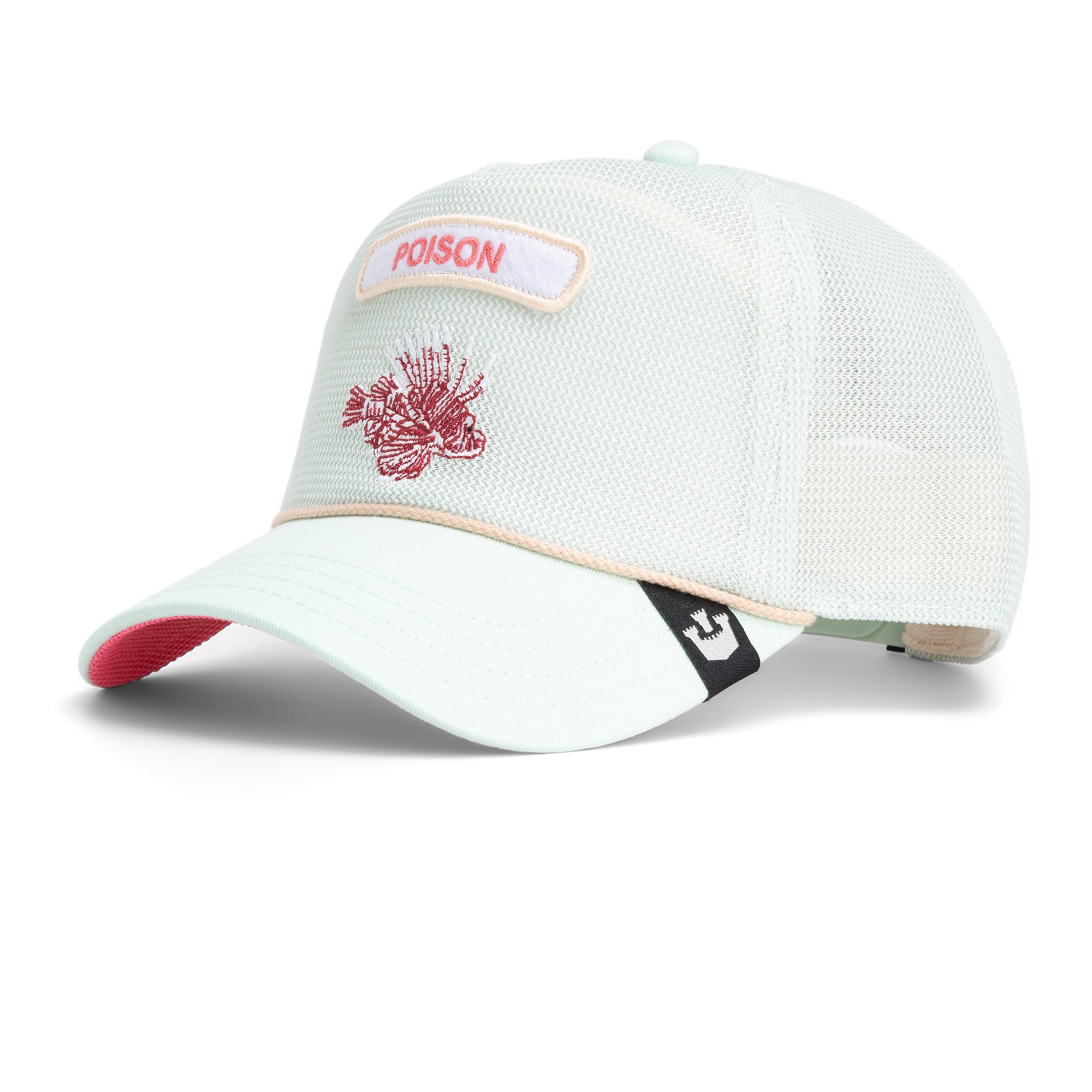 The Pick Yours cap by Goorin Bros. is a light, breathable mesh hat with a curved brim, featuring an embroidered red lionfish and "POISON" on the front, plus a small logo tag on the side.