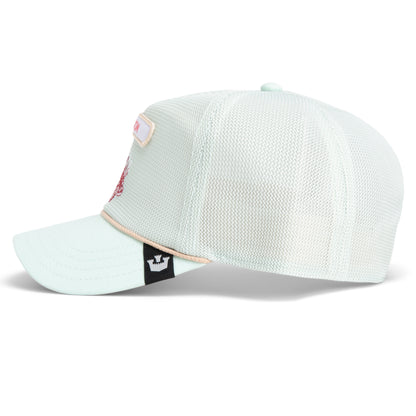 The Pick Yours cap by Goorin Bros. features mint-green embroidery, breathable mesh, a curved brim with beige trim, and a subtle black patch with a white crown logo on the side.