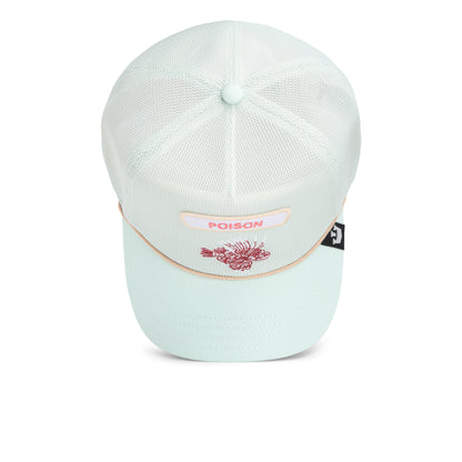 The Goorin Bros. “Pick Yours” cap features light mint green breathable mesh, a bold red fish graphic, and a POISON label on the front.