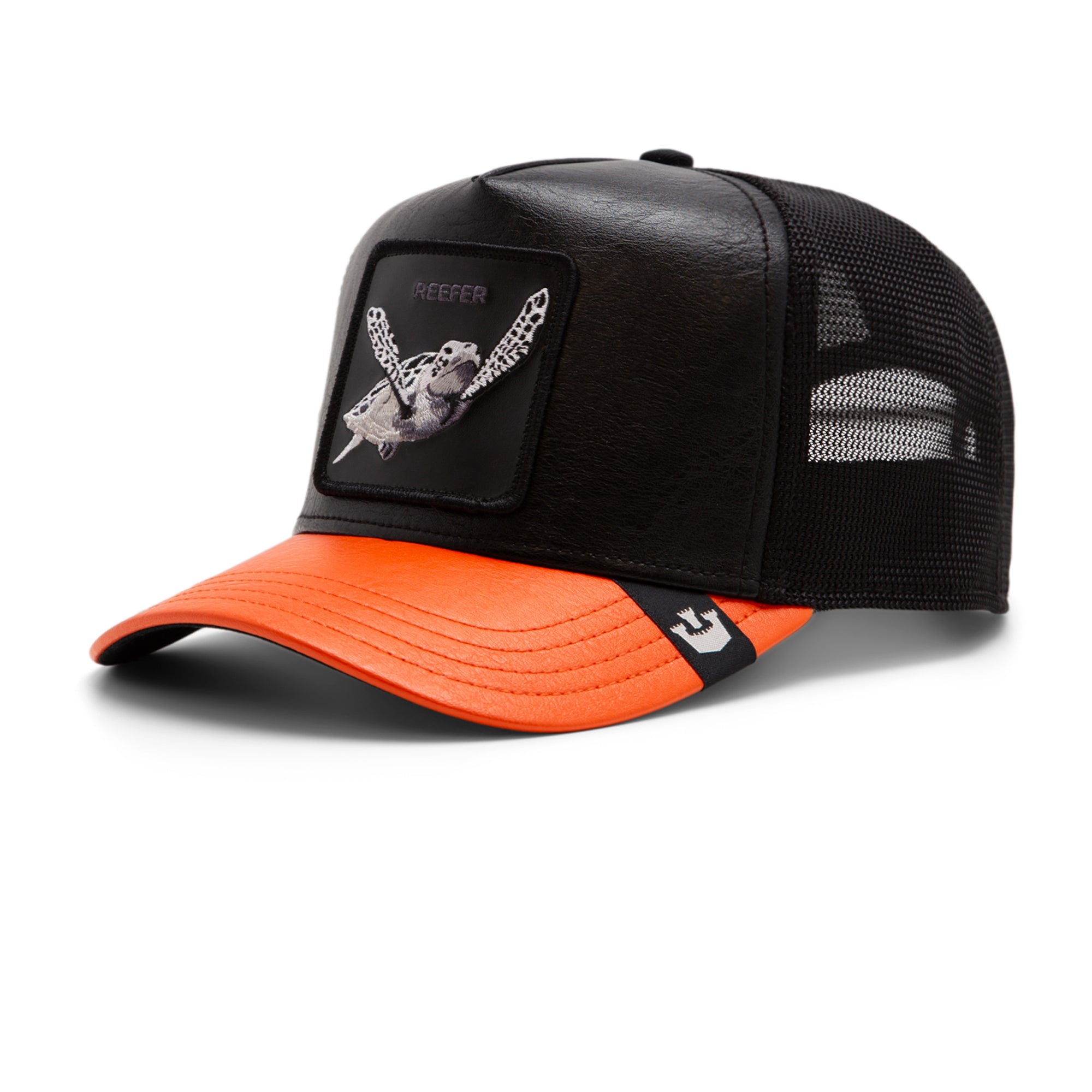 The Farm Shell Smoke is a black mesh trucker hat with an orange brim and a front patch featuring a sea turtle and "REEFER." All sales are final.