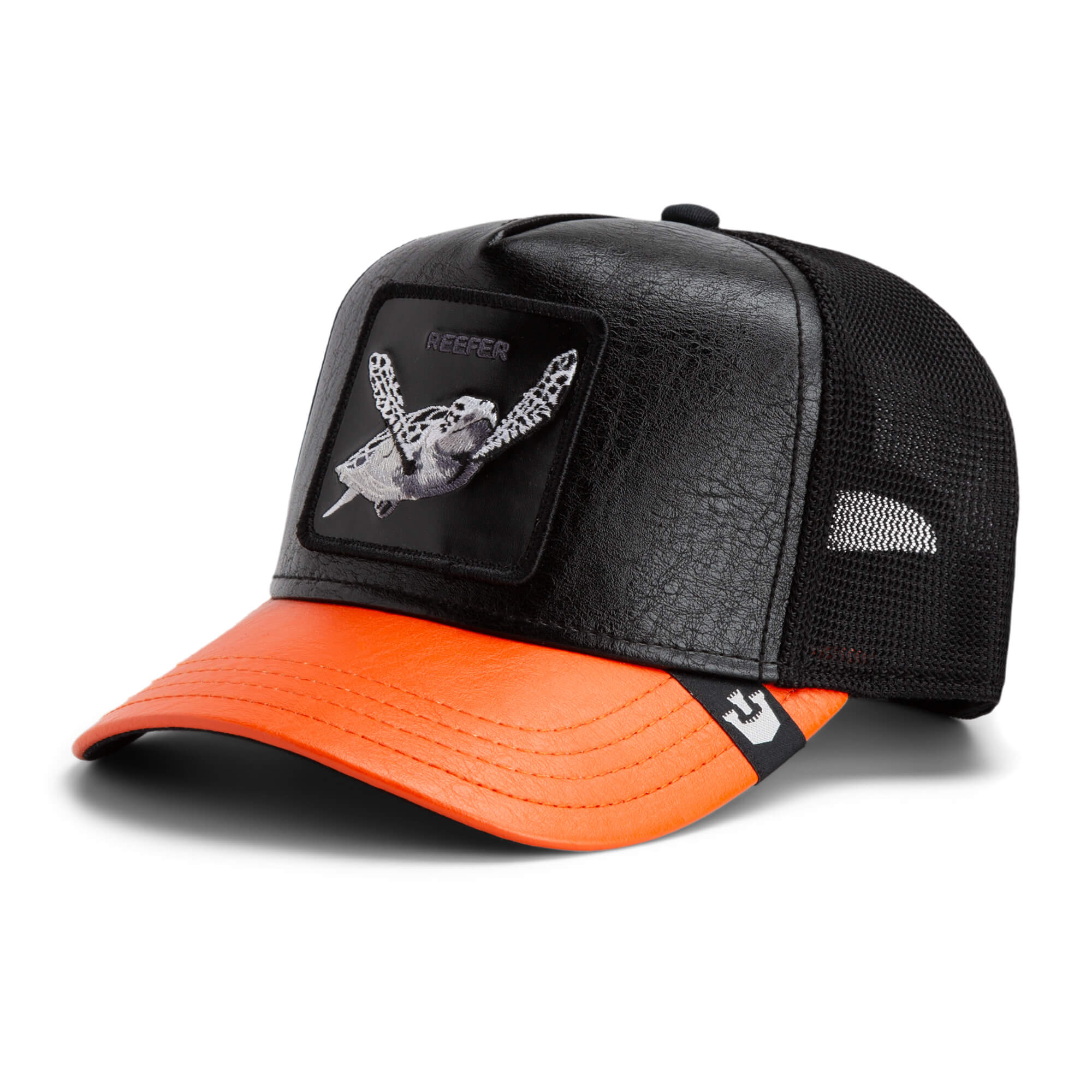 The Farm Shell Smoke is a black and orange trucker hat with a mesh back and a front patch featuring a black-and-white sea turtle image. All sales are final.