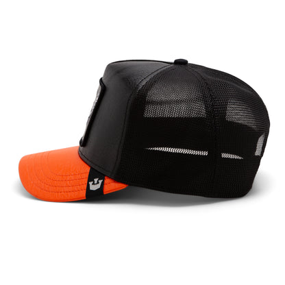 The Farm’s Shell Smoke trucker hat features black mesh and an orange bill, shown from a side angle on a white background. All sales are final.