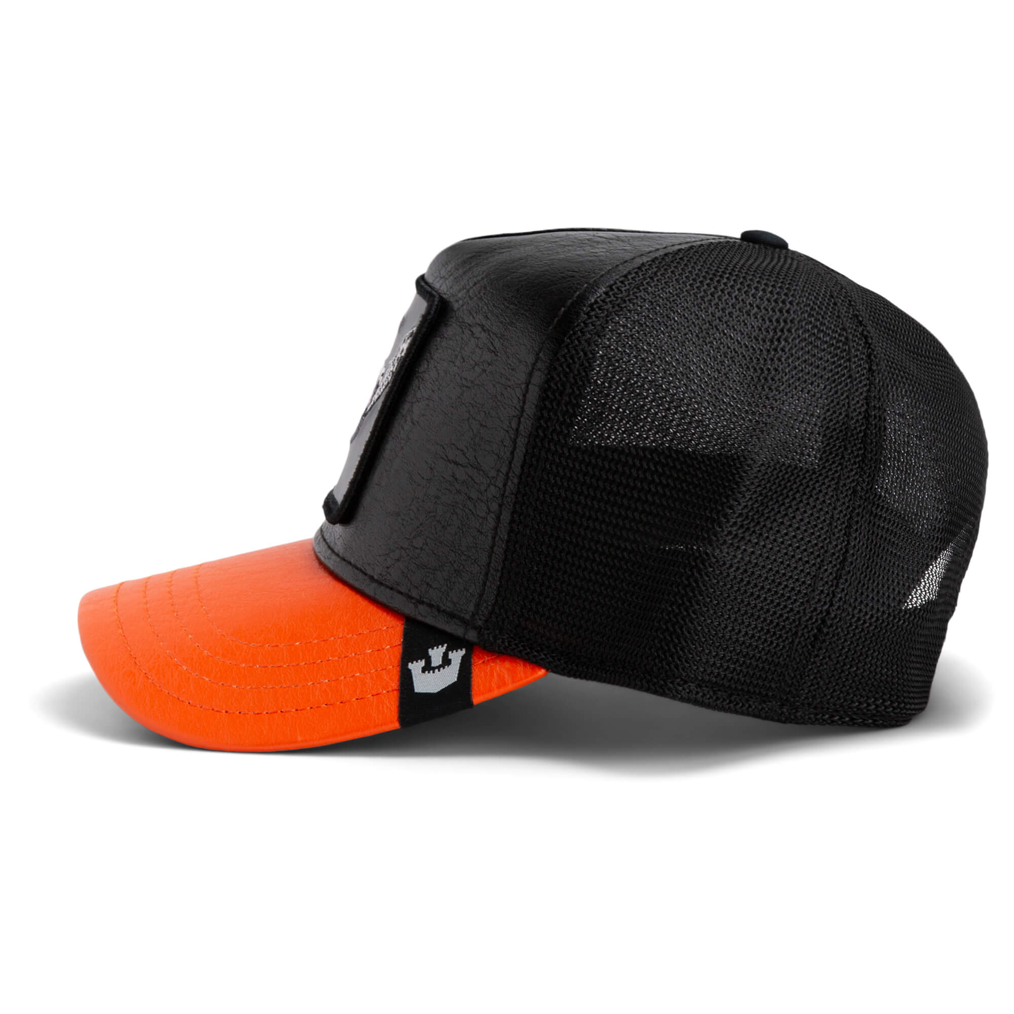 The Farm Shell Smoke: a black mesh trucker hat with an orange brim, shown from the side. All Sales Are Final.