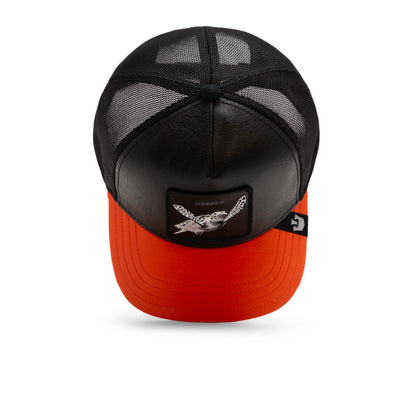 The Farm's Shell Smoke trucker hat, featuring black mesh, red panels, and a turtle patch on the front, is shown from the front against a white background. All sales are final.
