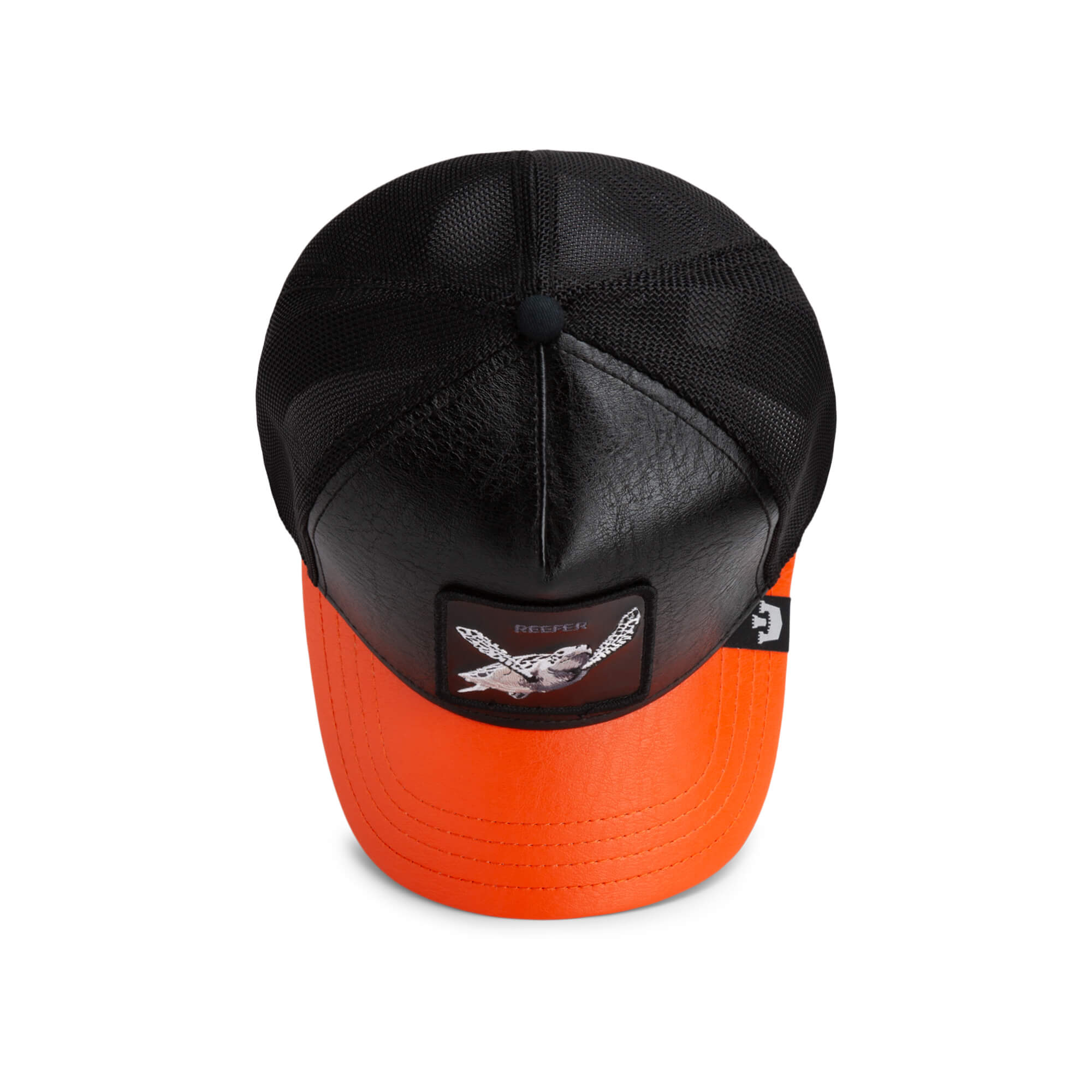 The Farm's Shell Smoke cap, in black and orange with a bird patch on the front, shown on a white background. All sales are final.