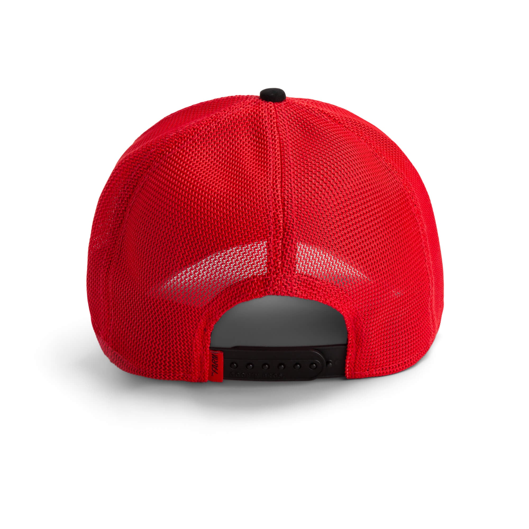 Back view of The Farm "TF is Bustle?" red mesh trucker cap with black adjustable snapback closure. All sales are final.