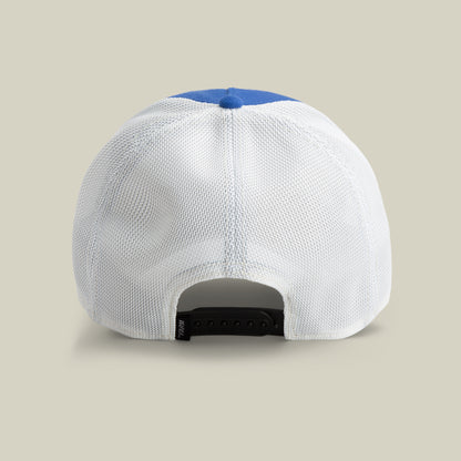 The Farm's Lionfish Heat cap features a white mesh back, blue top panel, and an adjustable black snapback closure. Viewed from the back. All sales are final.