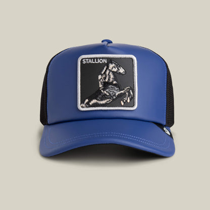 The Goorin Bros. LFG Stallion is a ROYAL blue trucker hat featuring a leather patch with an embroidered rearing horse and "STALLION" on the front, inspired by pre-game player exclusives.