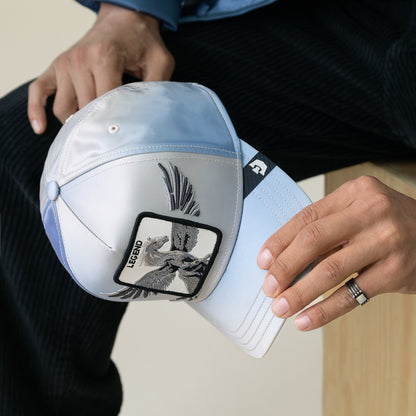 A person holds the Goorin Bros. Flare Up cap, featuring light blue and white panels with contrast stitching and an eagle patch labeled "LEGEND." The person also wears a silver and black ring.