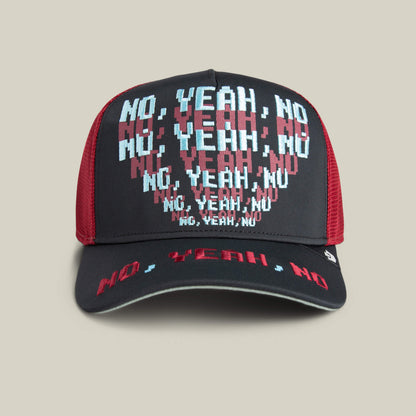 The Goorin Bros. "Means No" hat features black and red colors with repeating pixelated text "NO, YEAH, NO" in white and red on the front and brim—a unique conversation starter for any outfit.