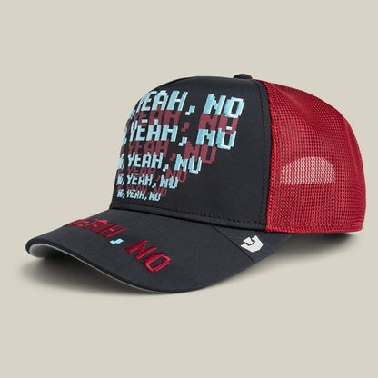 The Goorin Bros. Means No trucker hat features black and red mesh with pixelated "YEAH, NO" text on the front panels and brim—a standout conversation starter.