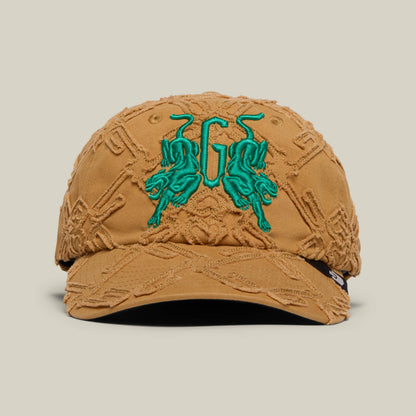 The Future Baby Daddy cap by Goorin Bros. features amber embroidery, textured raised patterns, and two green tigers flanking "GG" on the front—perfect for main character energy.
