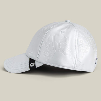 The Goorin Bros. "Put a Panther On It" classic fit hat features white leather, embossed designs, a black fabric strap with a small white logo, all presented on a plain background.