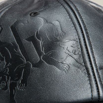 Close-up of the black leather surface on Goorin Bros.’ Put a Panther On It hat, featuring embossed art, stitched seams, and sleek outlines—capturing the refined style of a classic Goorin fit.