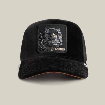 The Goorin Bros. Iced Panther cap in VOID features an embroidered luxury panther head with diamond eyes and the word "PANTHER" on a patch, displayed against a plain beige background.