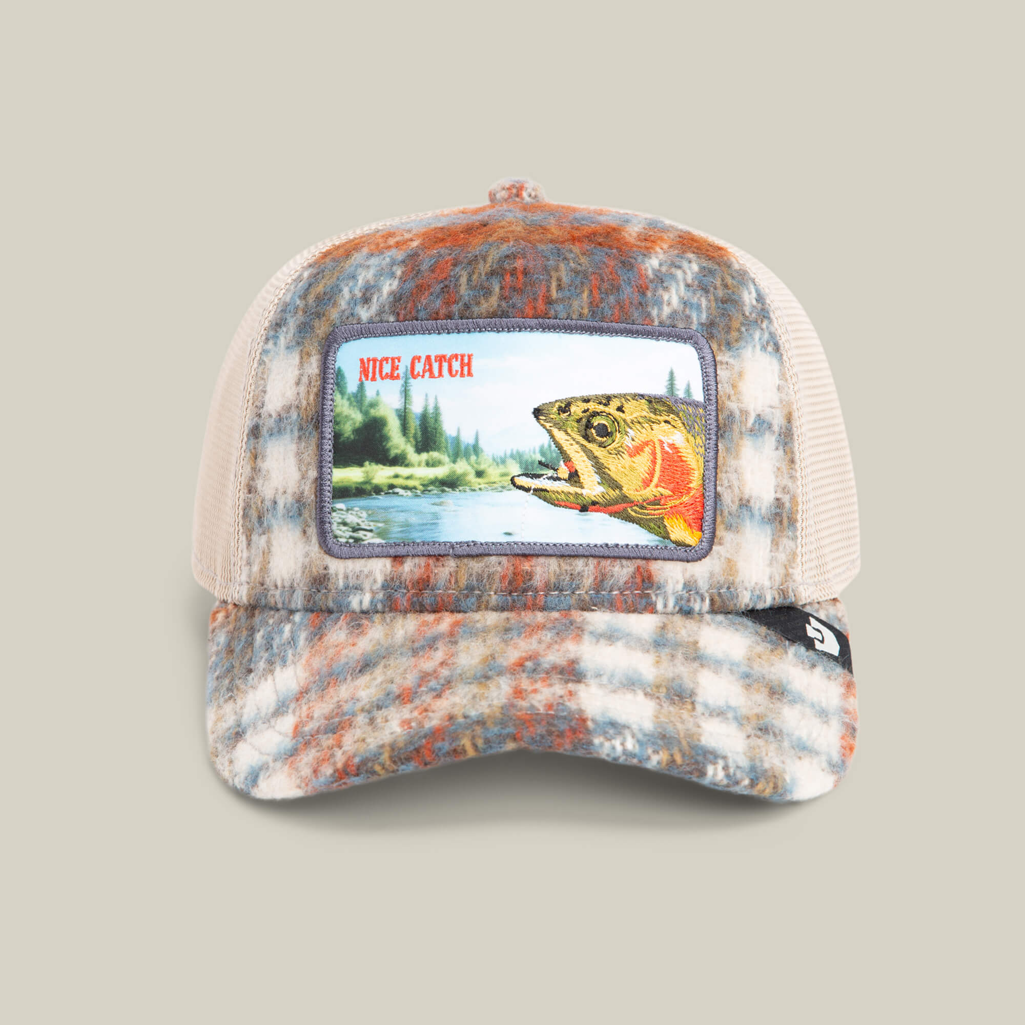 The Goorin Bros. Down by the River hat features a PLAID wool front, mesh back, and fish-by-a-river patch with “NICE CATCH”—ideal for your next fishing trip.