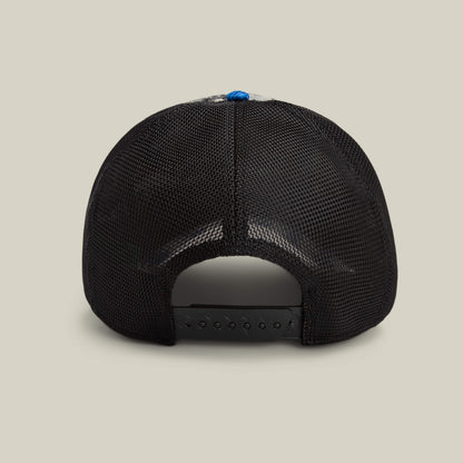 The Goorin Bros. Techno black mesh trucker hat is shown from the back with an adjustable snapback closure, ideal for rave hats or festival fashion against a light background.