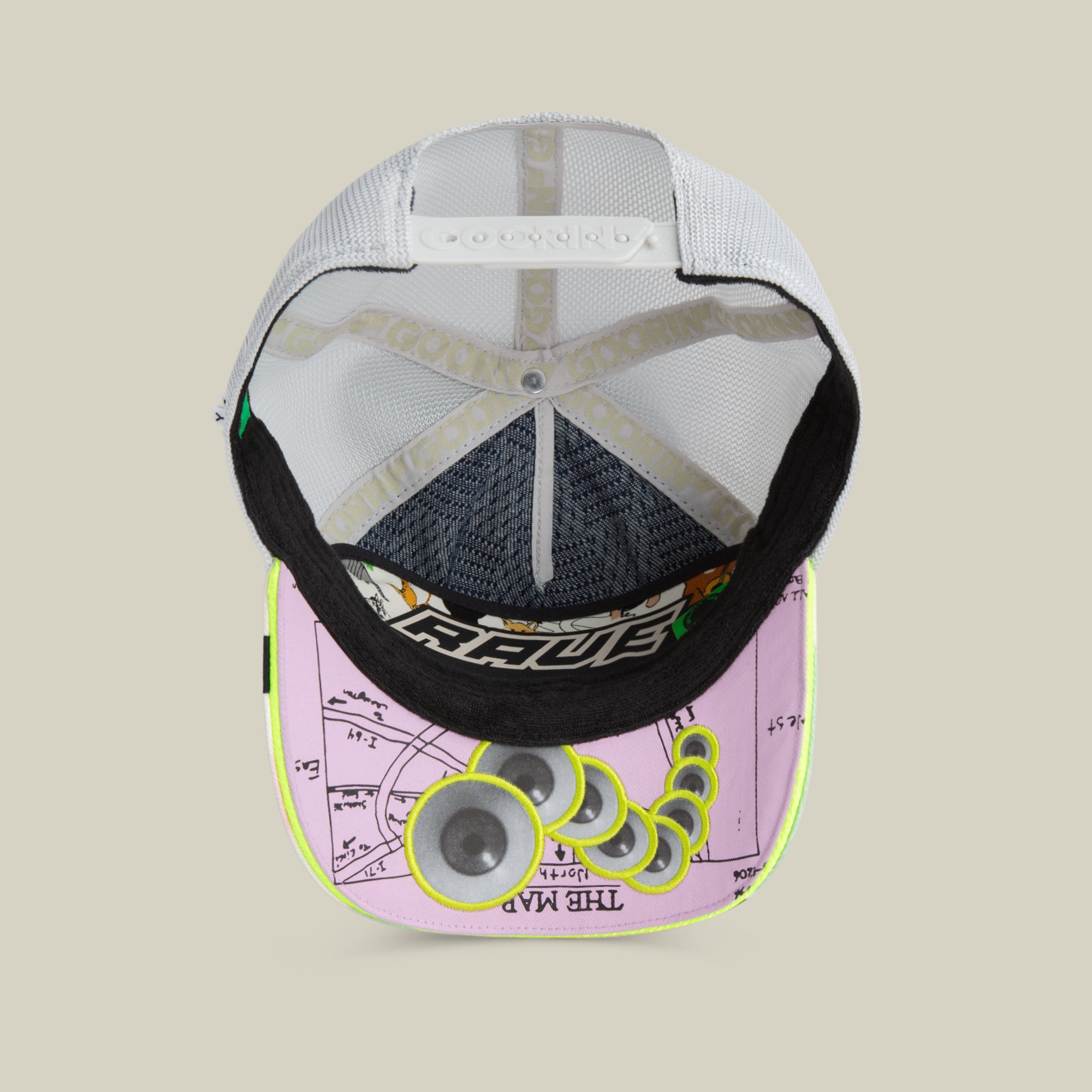 The Goorin Bros. Trance baseball cap features colorful graphics under the brim, mesh panels, and an adjustable strap—perfect for matching your festival vibe at 128 BPM.