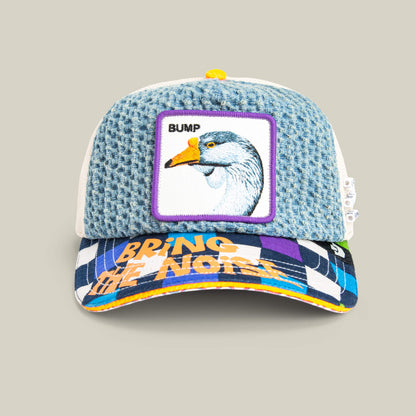 The Goorin Bros. Acid House cap features a blue textured crown, a goose BUMP patch, and a colorful BRING THE NOISE brim—perfect for Acid House fans heading to the next laser dome party.