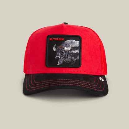 The Goorin Bros. Suede Buffalo cap features a red crown, black suede brim, and a front patch with an embroidered buffalo and the word "RUTHLESS.