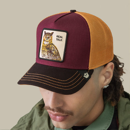 A person wearing the Goorin Bros. Tricolor Owl cap with an orange honey mesh design and an owl patch reading "REAL TALK," viewed from above and slightly to the side.
