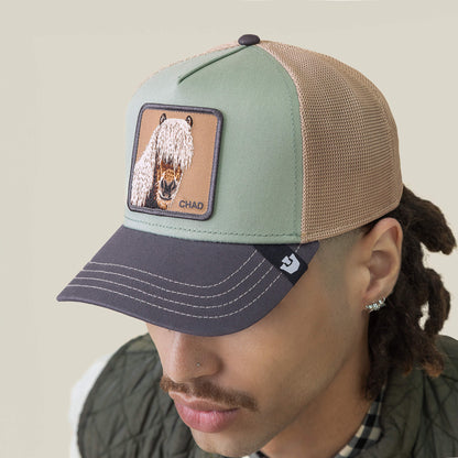 A person wearing the Goorin Bros. Tricolor Horse hat, featuring mint green fringe, a mustache, earrings, and a patch with an illustrated animal and the name CHAD.