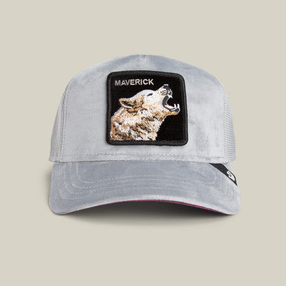 The Goorin Bros. Velour Wolf cap in GLOSS features a mesh back and front patch with a howling wolf and "MAVERICK"—an ideal statement piece for casual looks or relaxing hangouts.