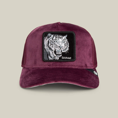 The Goorin Bros. Velour Tiger baseball cap, in the rich DESIRE shade, features a luxe velour finish and a bold "SAVAGE" Tiger patch on the front for standout style.