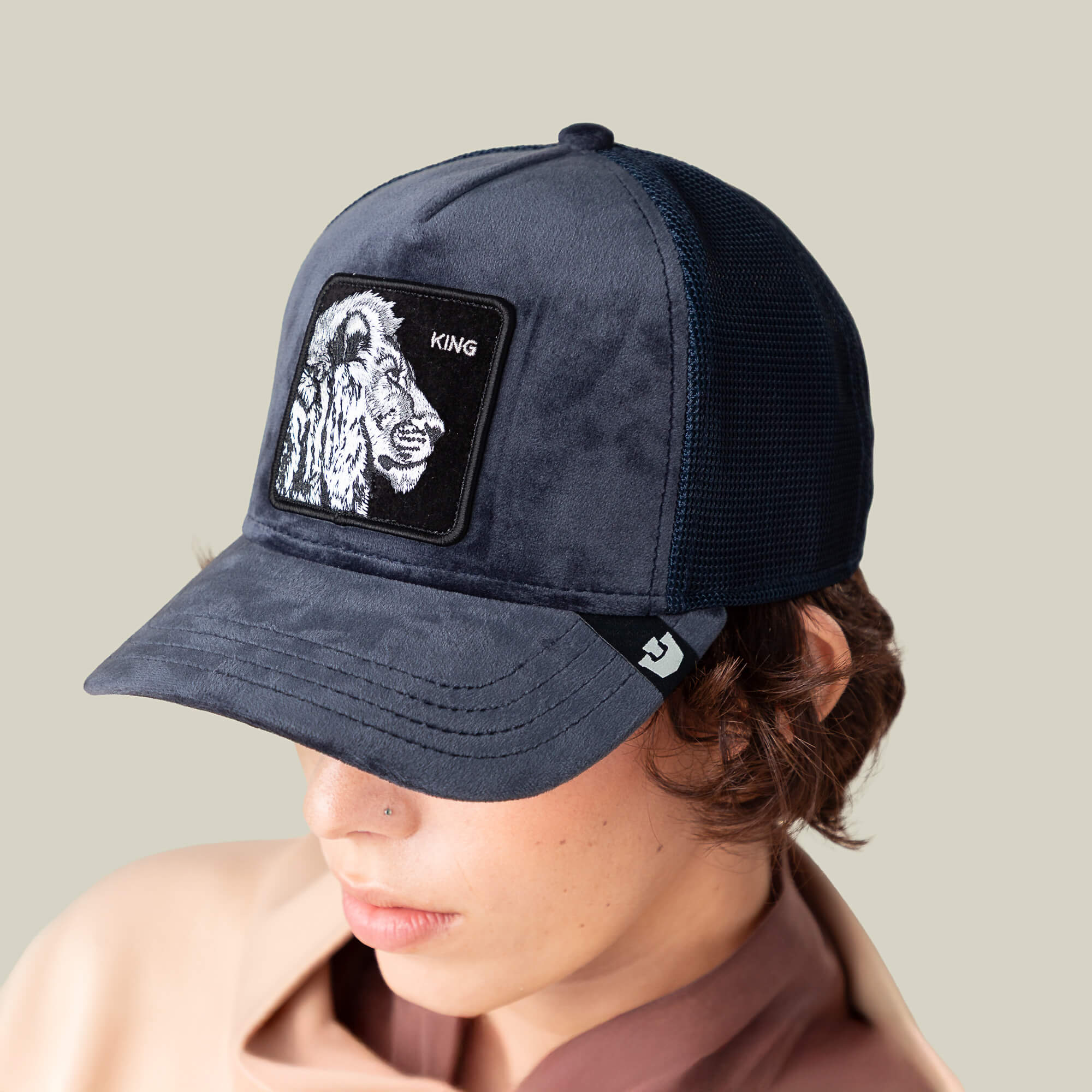 Velvet Y2K Short Bill Cap Goorin Bros. Small Navy Goorin Velour Lion Trucker Hat, Edge, 100% Polyester, One  main image 2
