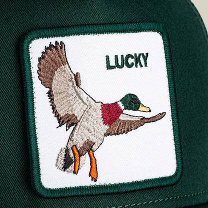 The Lucky Duck by Goorin Bros. is a green patch with an embroidered mallard in flight and "LUCKY" on dark green fabric—perfect as a bold good luck charm and daily reminder that fortune favors the brave.