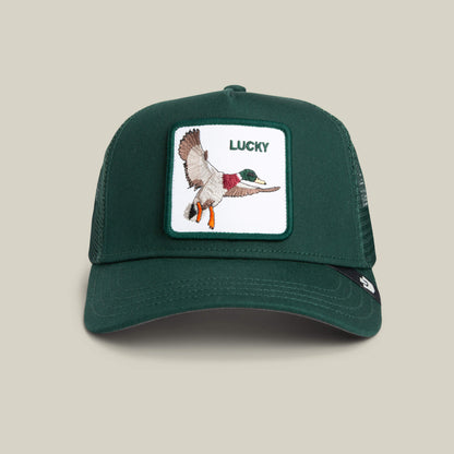 The Lucky Duck by Goorin Bros. is a green mesh trucker hat with a front patch showing an embroidered flying duck and "LUCKY" above it—your new good luck charm for any adventure.