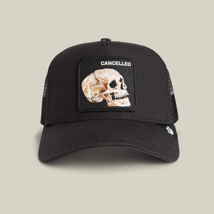 The Cancelled Skull by Goorin Bros. is a black trucker hat with a stitched skull patch and "CANCELLED" above it—ideal for bold self-expression.