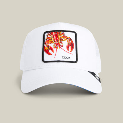 The Goorin Bros. Lemme Cook is a white lobster hat with a colorful embroidered lobster patch, "COOK" beneath, and a breathable mesh back for comfort.