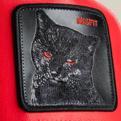 Add bold style to your red faux leather hat with the Courtside Misfit patch by Goorin Bros.—a black cat with red eyes and "MISFIT" embroidered on striking red fabric. Show off your unique vibe with this standout accessory!.