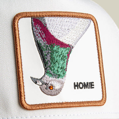 The Goorin Bros. Noegip is a square fabric patch featuring embroidered Palestinian flag colors in green, black, and white with a stylized bird design and the word "Home" in black text, bordered with tan stitching on a white background.