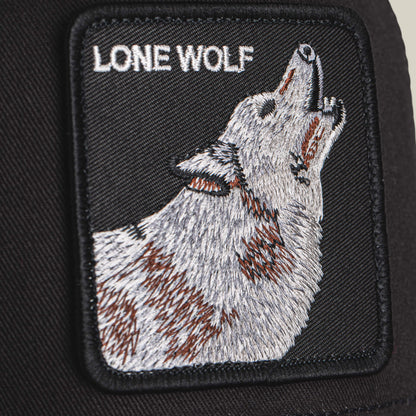 The Lone Wolf patch by Goorin Bros. features a howling wolf and "LONE WOLF" text on black fabric—an embroidered rectangle ideal for bringing bold, outlaw style to any trucker’s gear.
