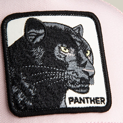 Embroidered patch of a black panther’s head with "PANTHER" on light-colored fabric—ideal to personalize your Goorin Bros. Panther Trucker hat or add a bold touch to any look.