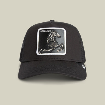 The Stallion Trucker by Goorin Bros. in VOID features a black and white mesh back with a front patch of a rearing black stallion and the word "STALLION.