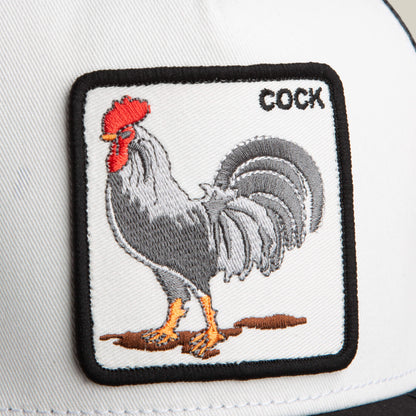 The Rooster by Goorin Bros. is a white trucker hat featuring a bold black and red rooster patch on the front.
