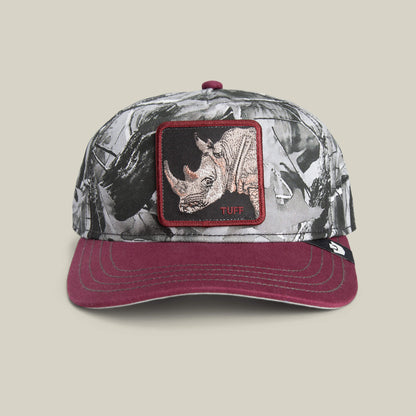 The Goorin Bros. Tuff Camo cap has a low crown, maroon brim, and features a front patch with a rhinoceros and the word "TUFF.