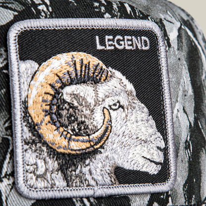 Close-up of the Goorin Bros. Legend Camo patch, featuring an embroidered ram and the word "LEGEND" on a frosted camo background.
