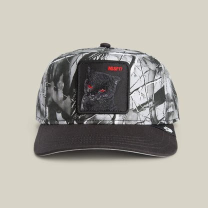 The Goorin Bros. Misfit Camo snapback features a black brim, a bold black cat patch with red eyes and "MISFIT" above it, all in a Low Pro Fit for standout style and comfort.