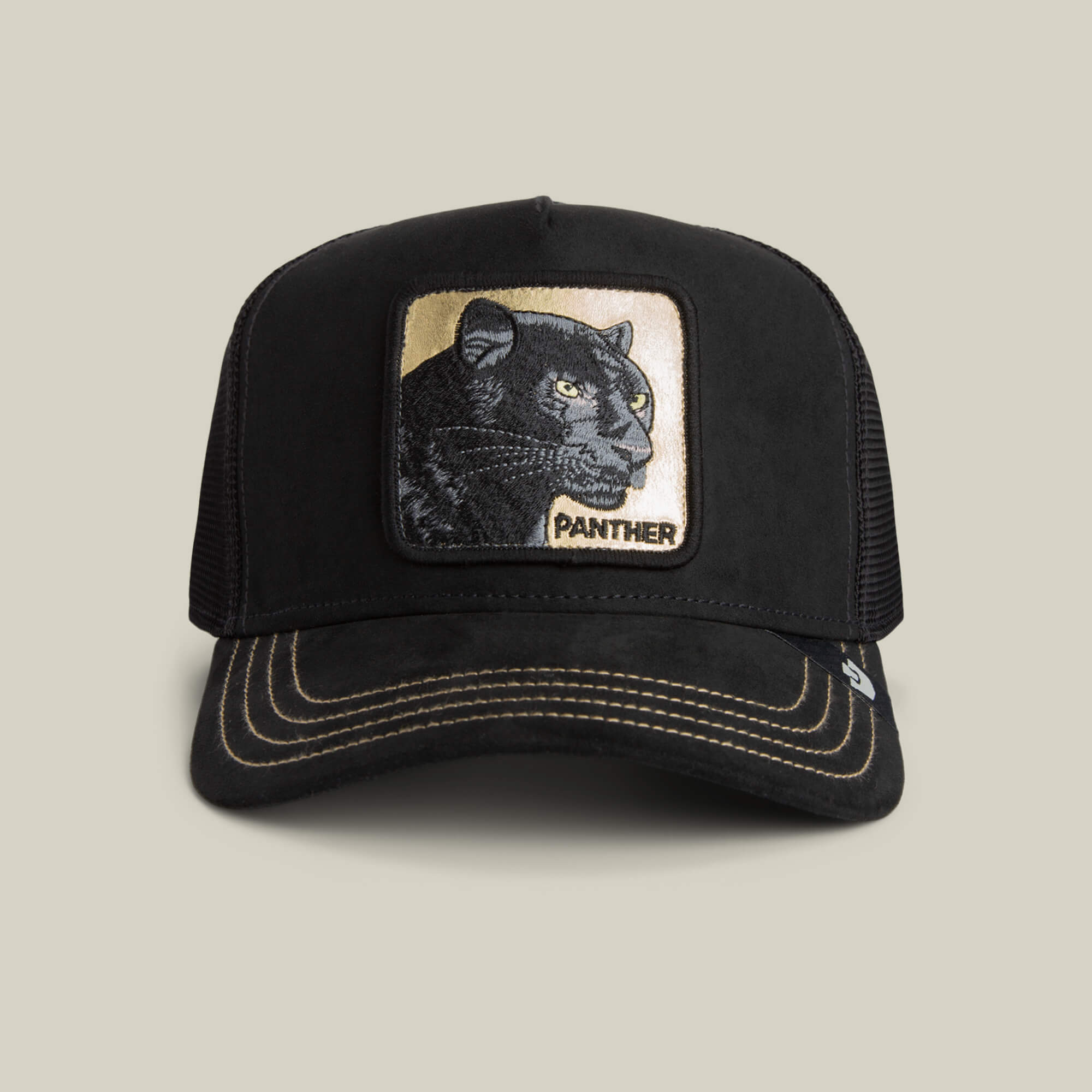 The Golden Panther by Goorin Bros. is a black stealth hat with a microsuede crown, featuring a front patch of a Golden Panther illustration and the word "PANTHER".