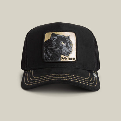 The Golden Panther by Goorin Bros. is a black stealth hat with a microsuede crown, featuring a front patch of a Golden Panther illustration and the word "PANTHER".