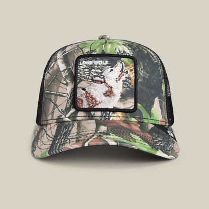 The Goorin Bros. Camouflage Lone Wolf trucker hat features black mesh sides and a front patch with an embroidered wolf and “LONE WOLF”—ideal for off-grid soft-launch vibes or adding edge to standout wardrobes.