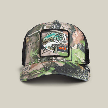 The Goorin Bros. Camouflage Bass cap features a mesh back, bass patch on the front, and embroidered fish with "BASS"—a stylish fishing essential.