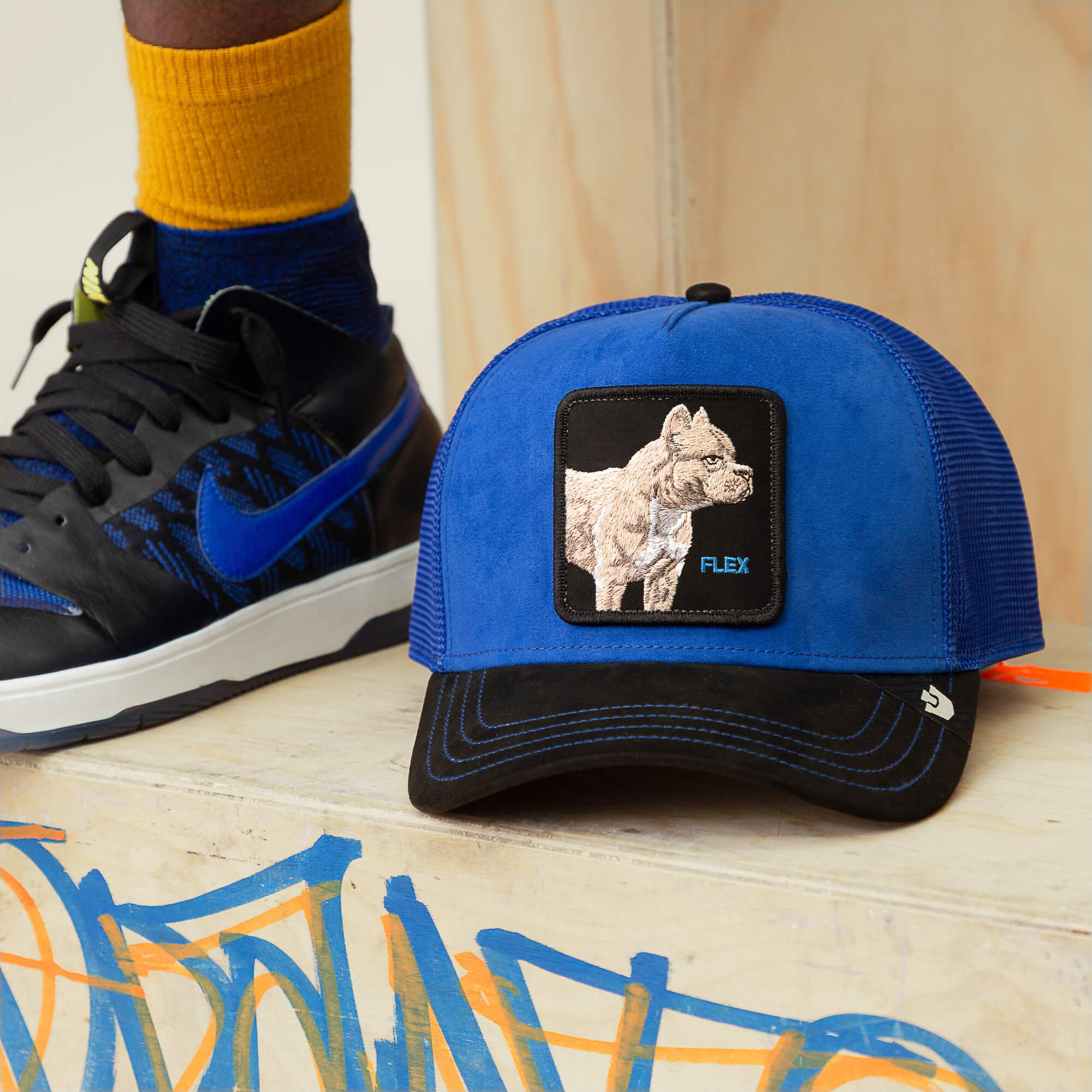 The Goorin Bros. Suede Pitbull cap, featuring a bulldog patch and electric blue crown, sits on a graffitied wooden surface beside someone sporting black sneakers, blue socks, and yellow socks.