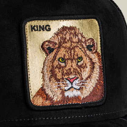 A black hat by Goorin Bros. called "Golden King," featuring an embroidered lion patch with "KING" stitched in the top left corner.