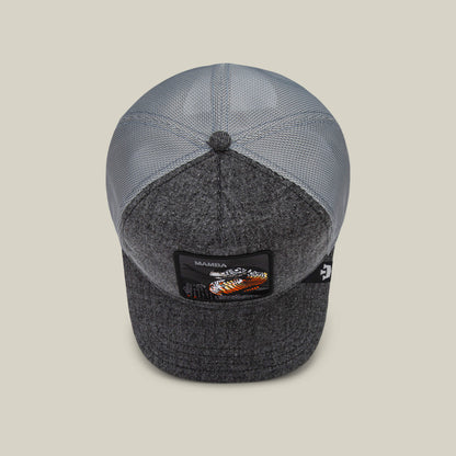 The Mamba by Goorin Bros. is a gray mesh baseball cap with a front patch featuring a snake and "Mamba"—a striking hat that captures the predator mindset, shown from above on a plain background.